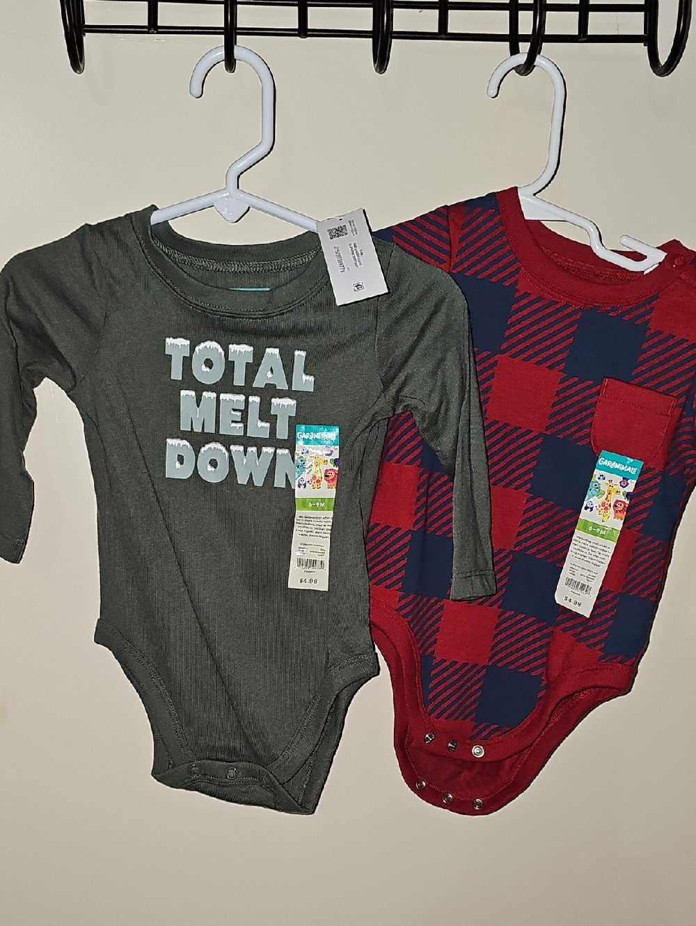 2 Garanimals Long-Sleeve Bodysuits One is Hunter Green & other Is Red/Navy Plaid